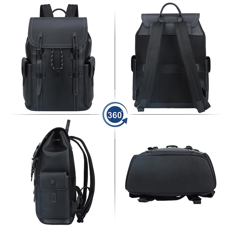 Man Black Pebble Genuine Leather Fashion Business Laptop School Backpack Zipper Bag for Student