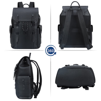 Man Black Pebble Genuine Leather Fashion Business Laptop School Backpack Zipper Bag for Student