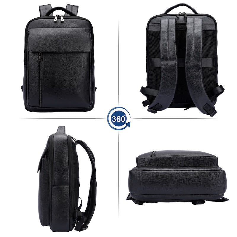 Man Black Pebble Genuine Leather Fashion Business Laptop School Backpack Zipper Bag for Student