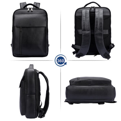 Man Black Pebble Genuine Leather Fashion Business Laptop School Backpack Zipper Bag for Student