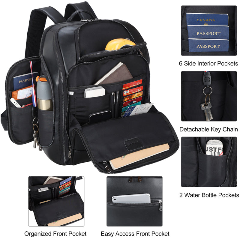 Nappa Genuine Leather Anti-Theft Laptop Backpack with USB Unisex Waterproof Black Polyester Zipper Travel