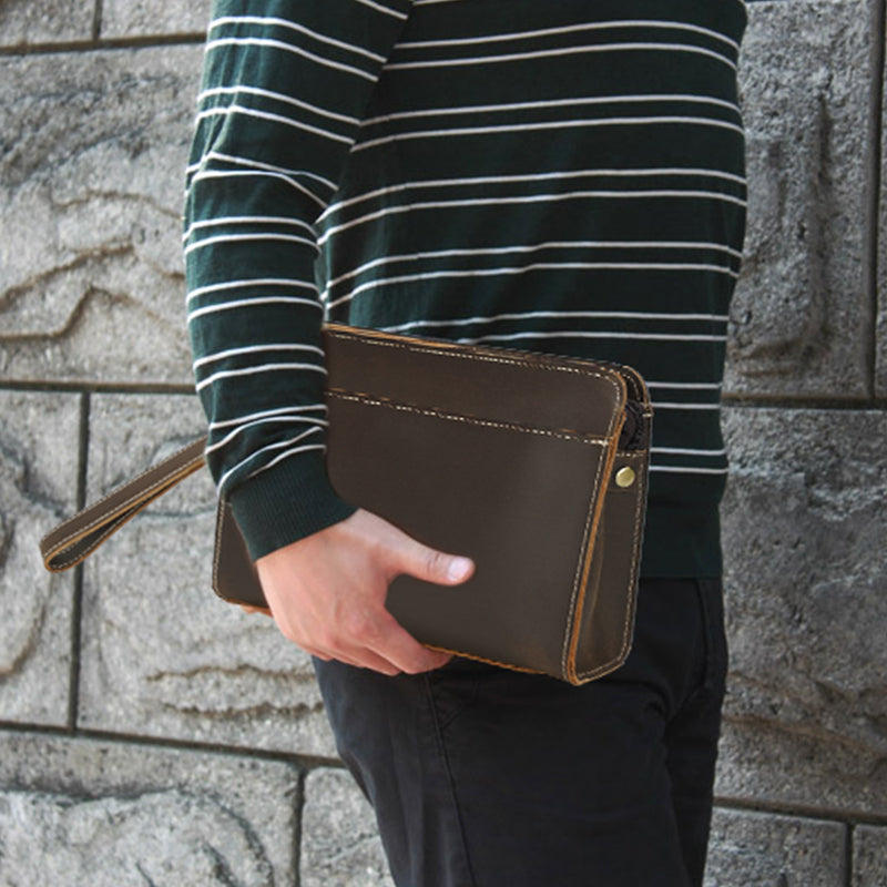 Vintage Style Handmade Men Genuine Leather Crazy Horse Brown Clutch Wallet with Zipper Closure