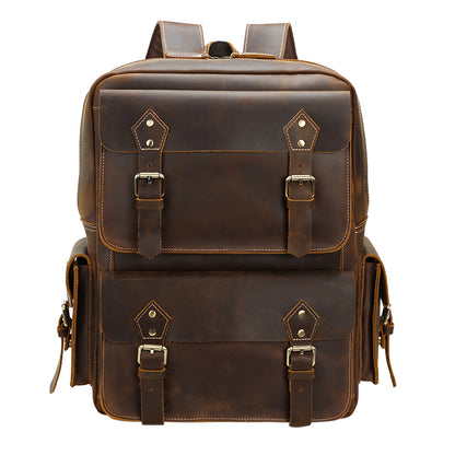 Men's Brown Genuine Leather Vintage Fashion Anti-Theft High Quality Laptop Backpack Zipper