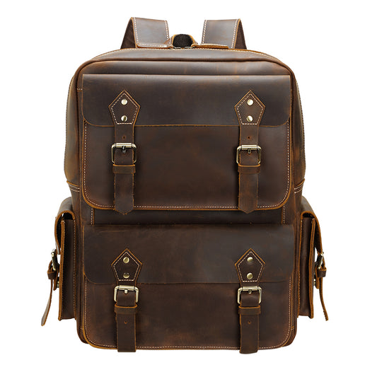 Men's Brown Genuine Leather Vintage Fashion Anti-Theft High Quality Laptop Backpack Zipper