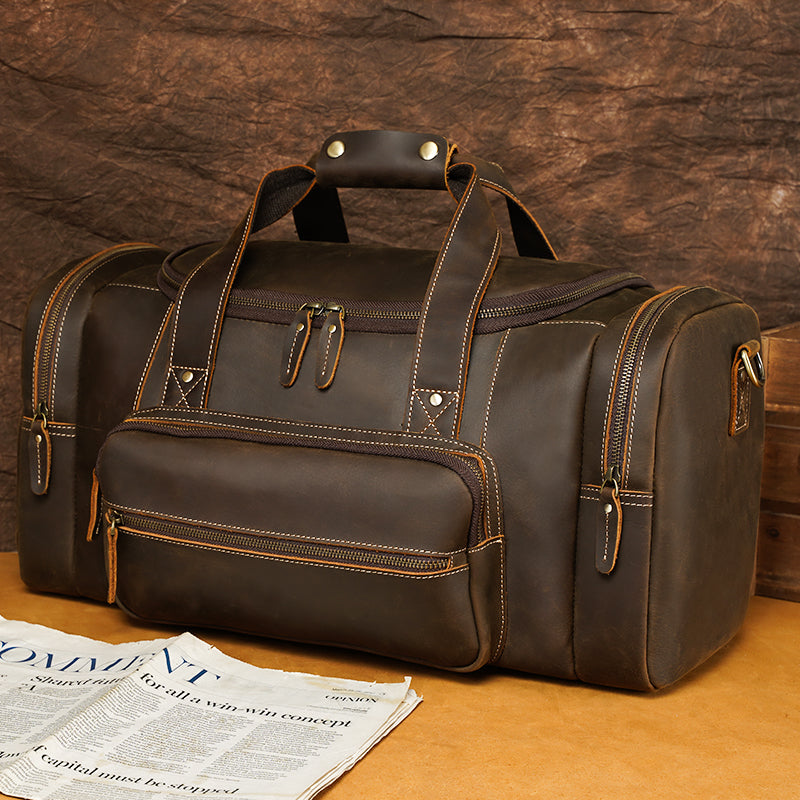 Full Grain Leather Vintage Retro Large Capacity Duffle Weekender Overnight Travel Duffel Bag for