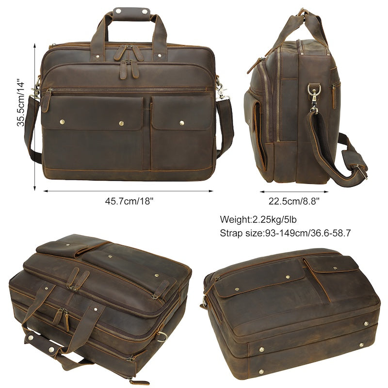 Factory Direct 17.3 Inch Vintage Crazy Horse Full Grain Genuine Leather Durable Zipper Closure Messenger Briefcase Bag Retro