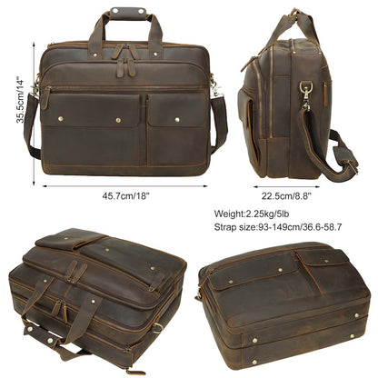Factory Direct 17.3 Inch Vintage Crazy Horse Full Grain Genuine Leather Durable Zipper Closure Messenger Briefcase Bag Retro