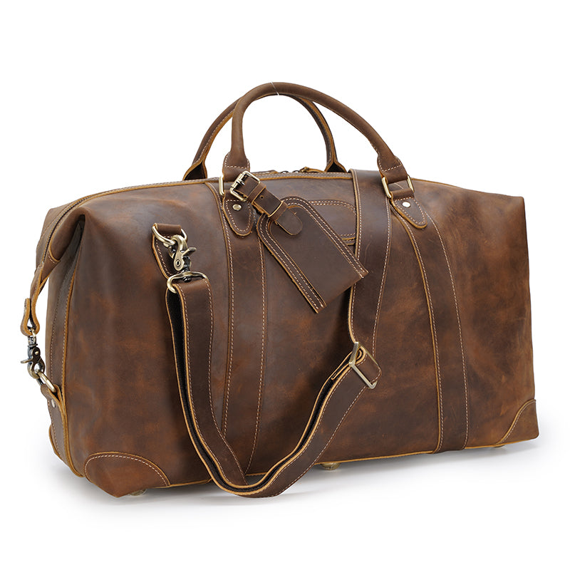 Brown Crazy Horse Leather Duffel Bag Luxury Vintage Weekender Large Capacity Zipper Closure Durable Men