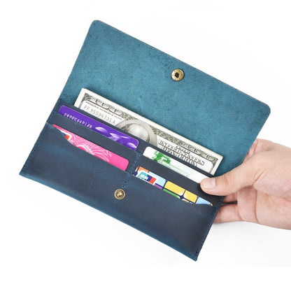 Handmade Simple Style Unisex Large Capacity Clutch Purse Top Grain Genuine Crazy Horse Leather Long Wallet Custom Pattern