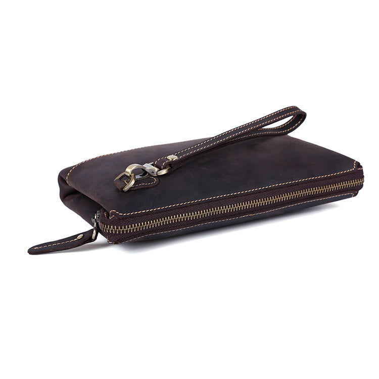 Men Personalized Full Grain Crazy Horse Large Clutch Bag Long Wrist Bag Zipper Anti-Theft