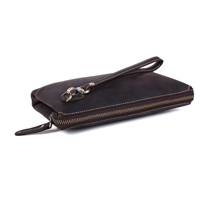 Men Personalized Full Grain Crazy Horse Large Clutch Bag Long Wrist Bag Zipper Anti-Theft