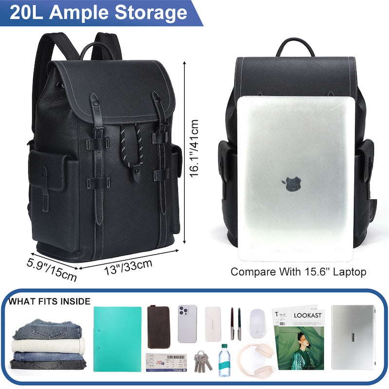 Man Black Pebble Genuine Leather Fashion Business Laptop School Backpack Zipper Bag for Student