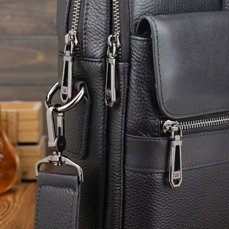 Fashion Style Cowhide Cow Leather Black Laptop Pebble Leather Briefcase Shoulder Bag Brief Case for Business Man