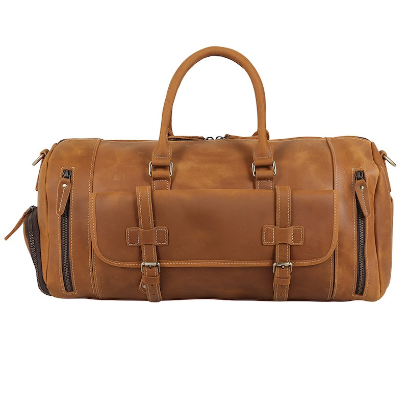 Full Grain Leather Vintage Weekender Overnight Travel Duffel Bag with Shoes Compartment Zipper Closure