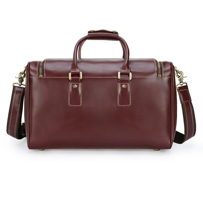 Retro Oversize Burgundy Red Genuine Leather Zipper Durable High Quality Unisex Waterproof Travel Weekend