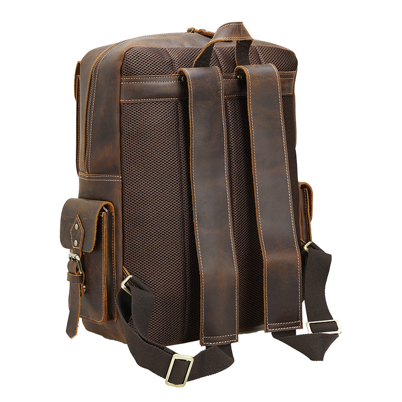 Men's Brown Genuine Leather Vintage Fashion Anti-Theft High Quality Laptop Backpack Zipper
