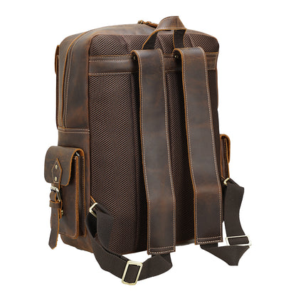 Men's Brown Genuine Leather Vintage Fashion Anti-Theft High Quality Laptop Backpack Zipper