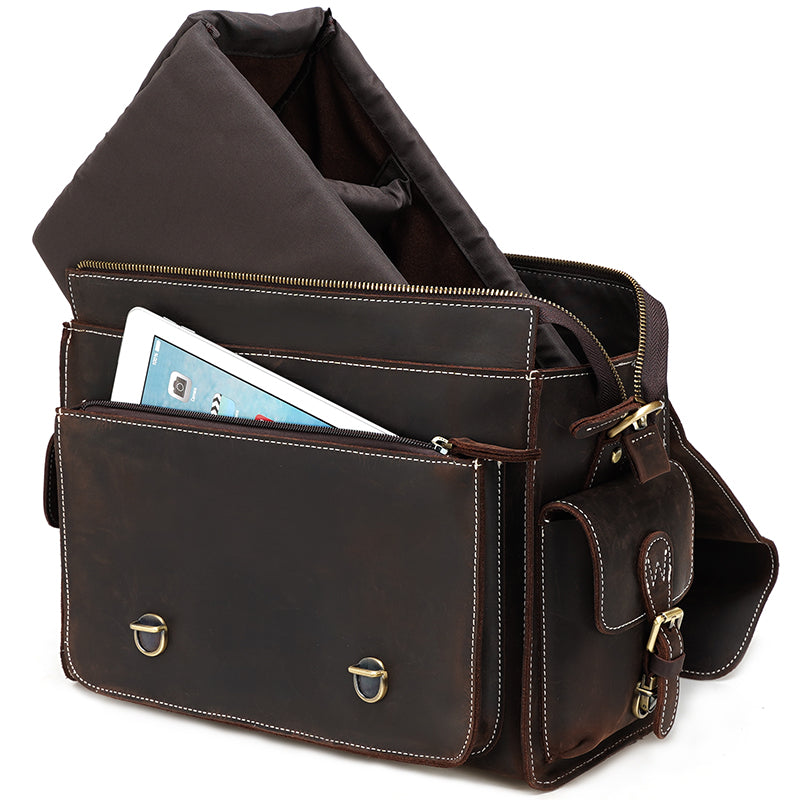 Vintage Luxury Design High Quality Customizable Men's Crazy Horse Genuine Leather Sling Shoulder Bag Zipper Camera Briefcase