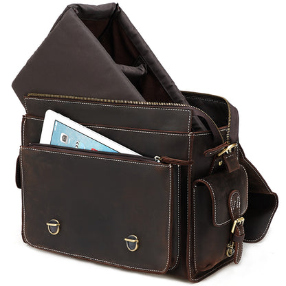 Vintage Luxury Design High Quality Customizable Men's Crazy Horse Genuine Leather Sling Shoulder Bag Zipper Camera Briefcase
