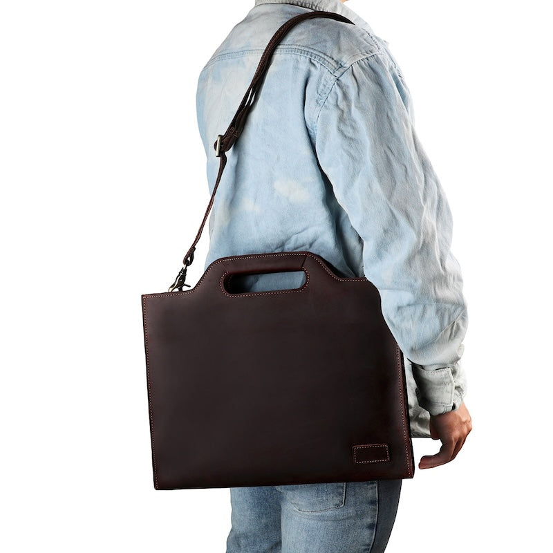 Men's 15.6'' Laptop Portfolio Crazy Horse Leather Office Briefcase Black Brown Full Grain Genuine Leather Business Bag