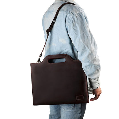 Men's 15.6'' Laptop Portfolio Crazy Horse Leather Office Briefcase Black Brown Full Grain Genuine Leather Business Bag