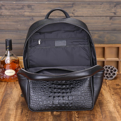 Black Men's Genuine Leather Fashion alligator crocodile Print Laptop School Backpack Zipper