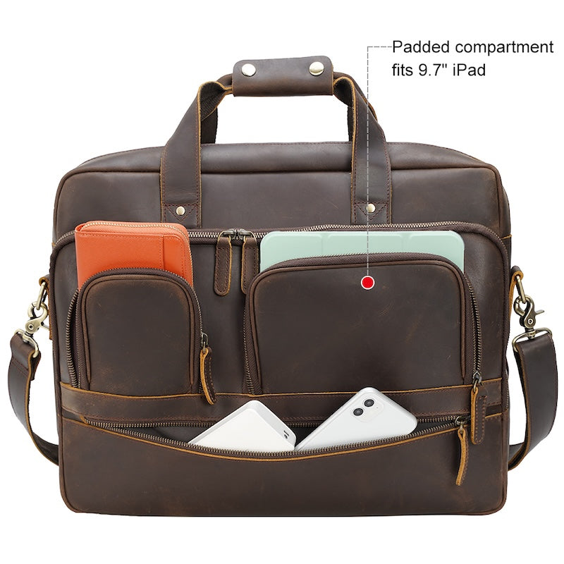 Wholesale 17-Inch Crazy Horse Genuine Leather Laptop Briefcase Men's Vintage Style Business Bag Dropshipping Soft Durable OEM