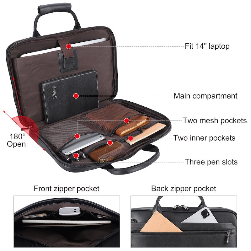 New Arrival Black Leather Office Briefcase Bags Men's Business 14'' Laptop Portfolio Bag Full Grain Leather Briefcase