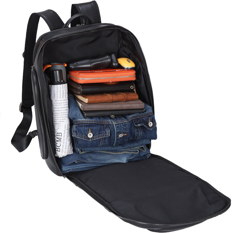 Nappa Genuine Leather Anti-Theft Laptop Backpack with USB Unisex Waterproof Black Polyester Zipper Travel