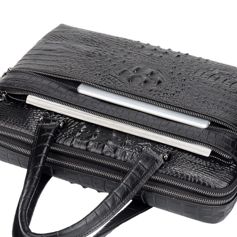 Alligator Crocodile Print Cowhide Cow Leather Black Laptop Real Leather Briefcase Shoulder Bag Brief Case for Business Man