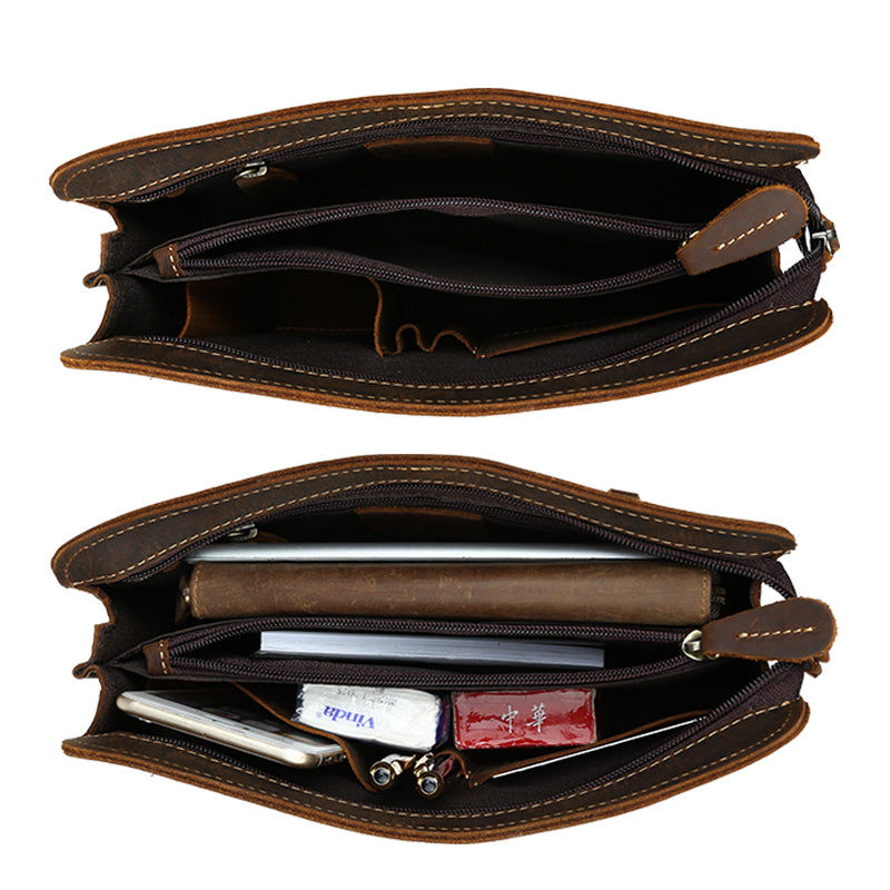 Vintage Style Handmade Men Genuine Leather Crazy Horse Brown Clutch Wallet with Zipper Closure