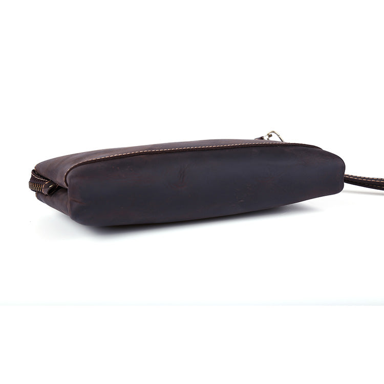 Men Personalized Full Grain Crazy Horse Large Clutch Bag Long Wrist Bag Zipper Anti-Theft