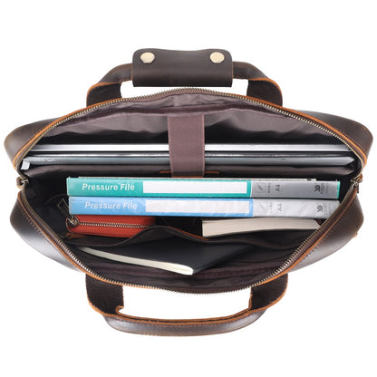 Hot Sale 15.6'' Men's Business Laptop Portfolio Brown Crazy Horse Leather Briefcase Full Grain Genuine Leather Office Briefcase