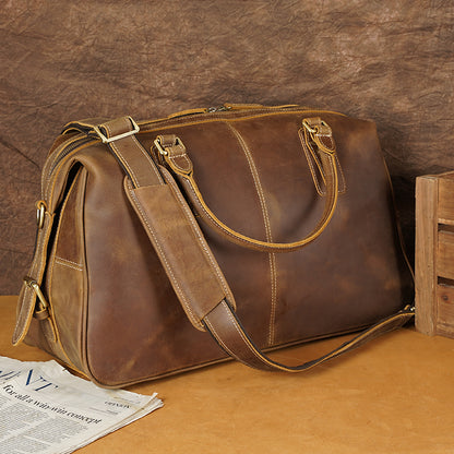 Crazy Horse Design Real Cow Leather Travel Duffel Vintage Retro Zipper Closure Weekender Bag for Men for Trips