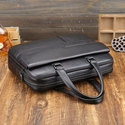 Fashion Style Cowhide Cow Leather Black Laptop Pebble Leather Briefcase Shoulder Bag Brief Case for Business Man
