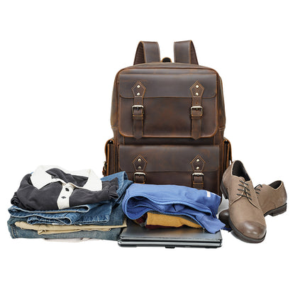 Men's Brown Genuine Leather Vintage Fashion Anti-Theft High Quality Laptop Backpack Zipper