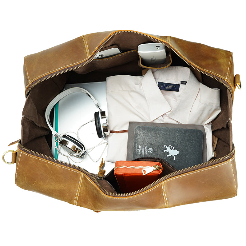New Arrival Vintage Large Cow Skin Hide Top Layer Full Grain Genuine Leather Water Resistant Holdall Duffel Bag Zipper High