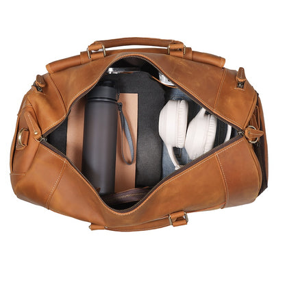 Full Grain Leather Vintage Weekender Overnight Travel Duffel Bag with Shoes Compartment Zipper Closure