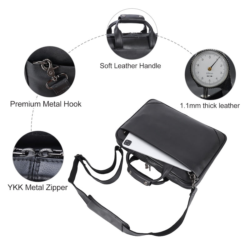 New Arrival Black Leather Office Briefcase Bags Men's Business 14'' Laptop Portfolio Bag Full Grain Leather Briefcase