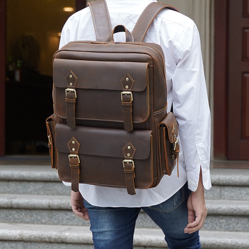 Men's Brown Genuine Leather Vintage Fashion Anti-Theft High Quality Laptop Backpack Zipper