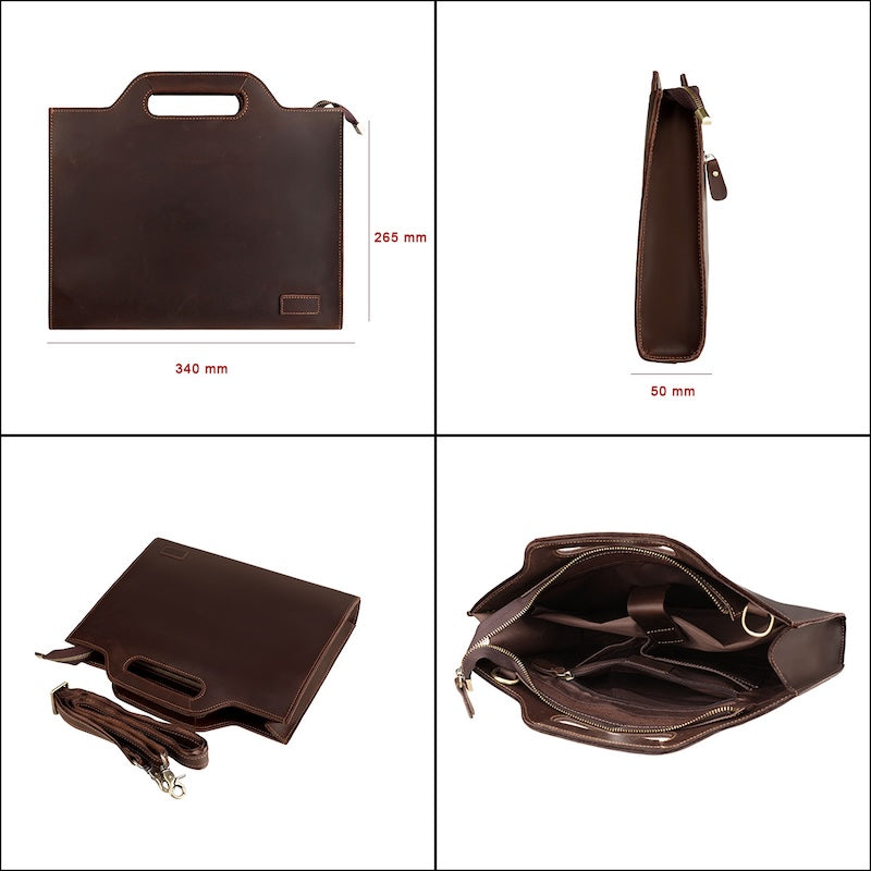 Men's 15.6'' Laptop Portfolio Crazy Horse Leather Office Briefcase Black Brown Full Grain Genuine Leather Business Bag