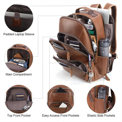 Full Grain Genuine Leather Laptop Backpack Vintage Brown Crazy Horse Leather Backpack School Bag for Business Man