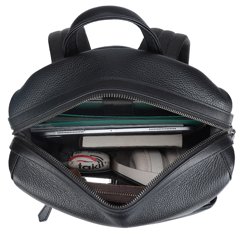 Man & Boys Black Cow Skin Pebble Genuine Leather Fashion Business Laptop Cow Hide School Backpack Zipper Bag for Student