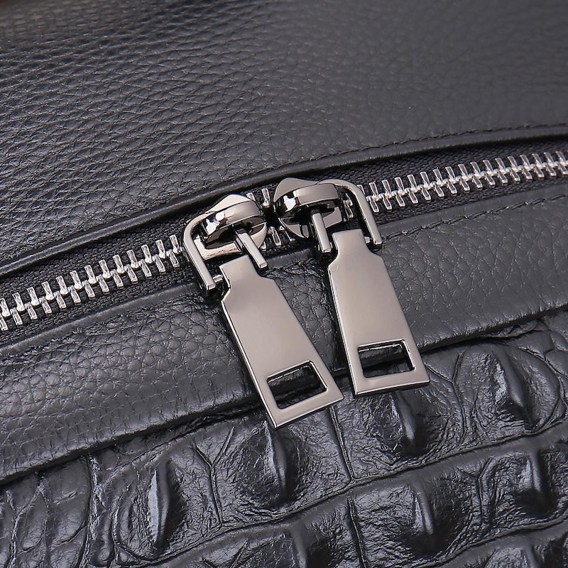 Black Men's Genuine Leather Fashion alligator crocodile Print Laptop School Backpack Zipper