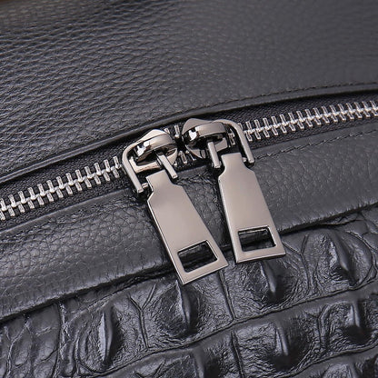 Black Men's Genuine Leather Fashion alligator crocodile Print Laptop School Backpack Zipper
