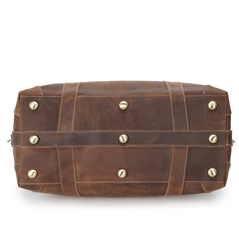 Brown Crazy Horse Leather Duffel Bag Luxury Vintage Weekender Large Capacity Zipper Closure Durable Men