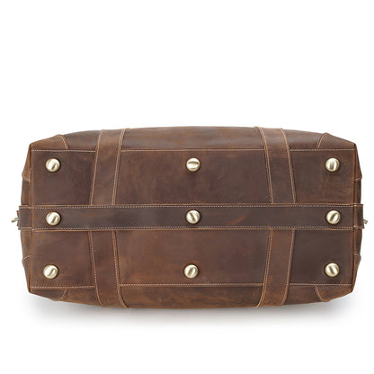 Brown Crazy Horse Leather Duffel Bag Luxury Vintage Weekender Large Capacity Zipper Closure Durable Men