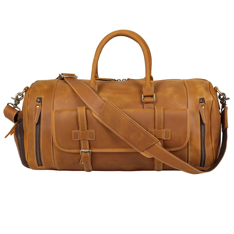Full Grain Leather Vintage Weekender Overnight Travel Duffel Bag with Shoes Compartment Zipper Closure