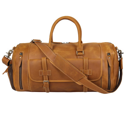 Full Grain Leather Vintage Weekender Overnight Travel Duffel Bag with Shoes Compartment Zipper Closure