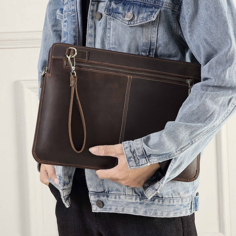 Crazy Horse Leather Laptop Bag Genuine Top Layer Cowhide Full Grain Leather Clutch Bag for MacBook